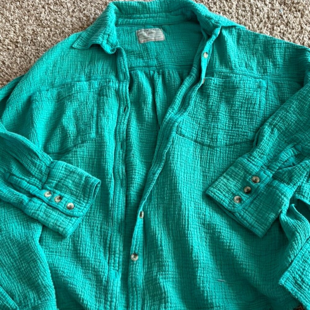 Teal We The Free People Waffle Knit Button Down